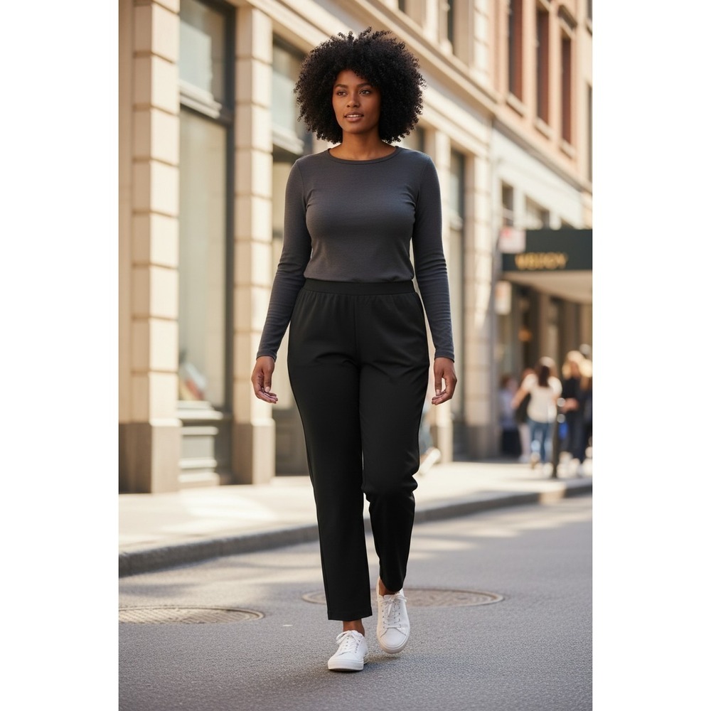 (K-285) Susan Graver Petite Straight Leg Pull-On Pants Black Size S QVC New